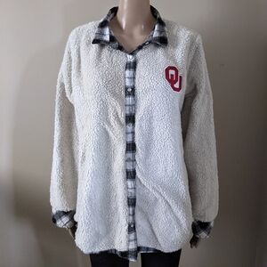 Oklahoma University Snoosers reversible sherpa plaid flannel shacket, size m